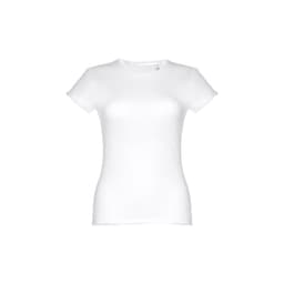 A women's fitted short sleeve T-shirt in white, made of cotton, featuring a logo.
