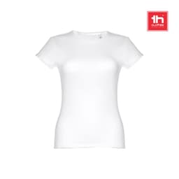 A fitted women's short sleeve cotton T-shirt in white, featuring a logo on the upper right corner.