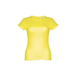 A fitted short sleeve cotton T-shirt in bright yellow, featuring a logo on the label.
