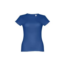 A fitted short sleeve cotton T-shirt in a vibrant blue colour, featuring a logo on the label.
