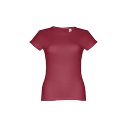 A fitted short sleeve cotton T-shirt in a deep red colour, featuring a logo.