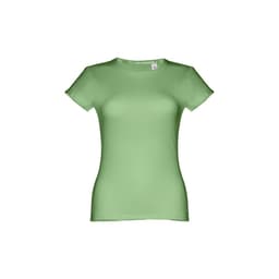 A fitted women's short sleeve T-shirt in light green, featuring a logo on the label.