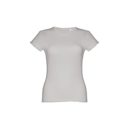 A fitted women's short sleeve cotton T-shirt in light grey with a label and no visible branding.