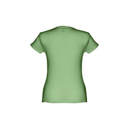 A fitted short sleeve cotton T-shirt in a soft green colour, featuring a logo on the back.