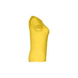 A women's fitted short sleeve T-shirt in bright yellow with a simple design and a logo.
