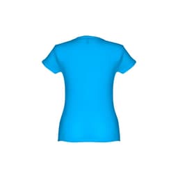 A fitted women's short sleeve T-shirt in bright blue, featuring a logo on the back.