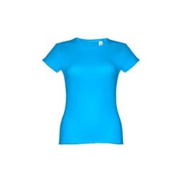 A women's fitted short sleeve cotton T-shirt in vibrant blue, featuring a logo on the label.