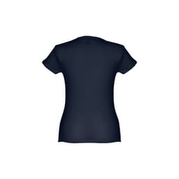 A women's fitted short sleeve T-shirt in navy blue, featuring a plain design and a branding logo.