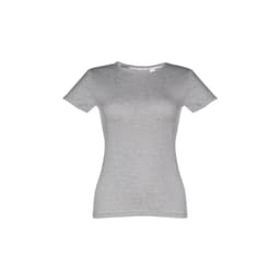 A women's fitted short sleeve cotton T-shirt in light grey, featuring a logo on the label.