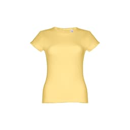 A fitted short sleeve cotton T-shirt in a vibrant yellow colour, featuring a logo on the label.