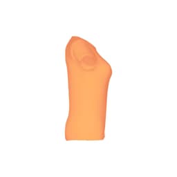 An orange women's fitted short sleeve cotton T-shirt, showcasing a sleek side profile. Features a logo.