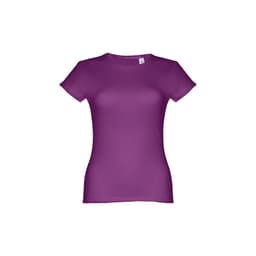 A fitted short sleeve cotton T-shirt in a vibrant purple shade, featuring a logo.