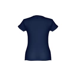 A women's fitted short sleeve cotton T-shirt in navy blue, featuring a logo on the back.