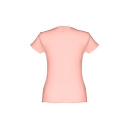 A fitted women's short sleeve cotton T-shirt in a soft pink colour, featuring a plain back and a logo.