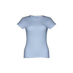 A light blue women's fitted short sleeve cotton T-shirt featuring a tag and a logo.