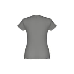 A women's fitted short sleeve cotton T-shirt in grey, featuring a smooth back design and a logo.