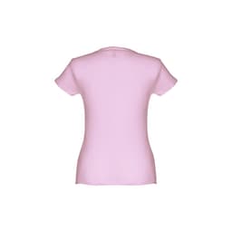 A women's fitted short sleeve cotton T-shirt in a light pink colour, featuring a logo on the back.