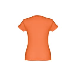 An orange women's fitted short sleeve cotton T-shirt featuring a seamless back design and a logo.