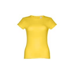 A fitted short sleeve cotton T-shirt in bright yellow, featuring a logo on the label.