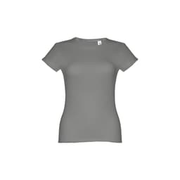 A women's fitted short sleeve cotton T-shirt in a solid grey colour, featuring a logo on the label.