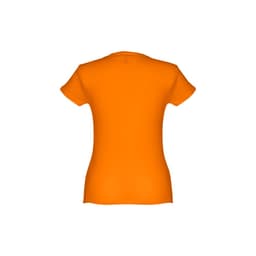 An orange women's fitted short sleeve cotton T-shirt with a smooth back design and no visible branding.