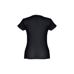 A black women's fitted short sleeve cotton T-shirt with a smooth, seamless back design.