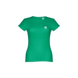 A women's fitted short sleeve cotton T-shirt in bright green, featuring a small logo on the front.