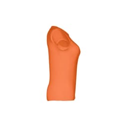 An orange women's fitted short sleeve cotton T-shirt displayed from the side. It features a logo.