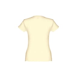 A women's fitted short sleeve cotton T-shirt in a pale yellow hue, featuring a simple design and logo.