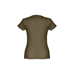 A women's fitted short sleeve cotton T-shirt in olive green, featuring a smooth back design and a logo.