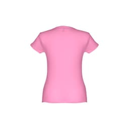 A women's fitted short sleeve cotton T-shirt in vibrant pink, featuring a smooth back design and a logo.