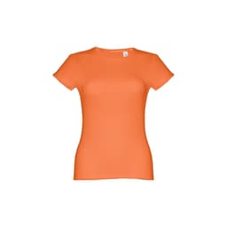 An orange women's fitted short sleeve cotton T-shirt, featuring a logo on the label.