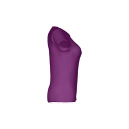 A fitted women's short sleeve T-shirt in vibrant purple, featuring a logo on the side.