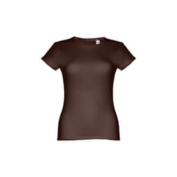 A fitted short sleeve cotton T-shirt in a rich brown colour, featuring a logo.