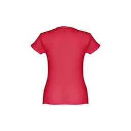A fitted short sleeve cotton T-shirt in vibrant red, featuring a logo on the back.