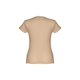 A women's fitted short sleeve cotton T-shirt in a light beige colour, featuring a branding logo on the back.