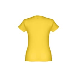 A yellow women's fitted short sleeve cotton T-shirt with a plain back and a logo.