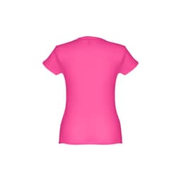 A fitted women's short sleeve T-shirt in bright pink with a logo on the back.