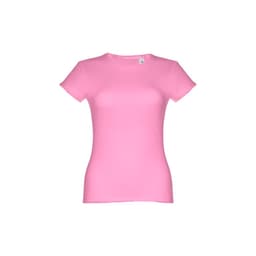 A fitted women's short sleeve cotton T-shirt in bright pink, featuring a logo on the label.