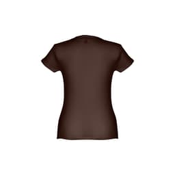 A women's fitted short sleeve cotton T-shirt in brown, featuring a smooth back design and a logo.