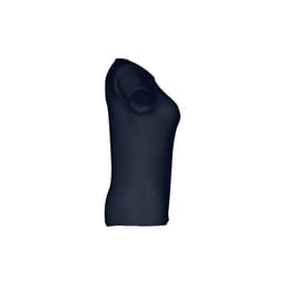 A women's fitted short sleeve cotton T-shirt in navy blue, featuring a logo on the side.