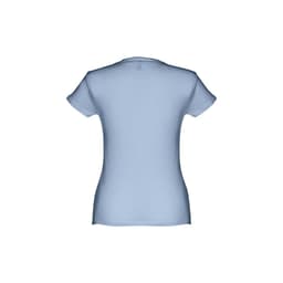 A women's fitted short sleeve cotton T-shirt in a light blue colour, featuring a logo on the back.