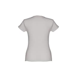 A women's fitted short sleeve T-shirt in light grey, featuring a smooth back design and a logo.