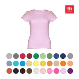 A women's fitted short sleeve T-shirt in pink, featuring a logo and a variety of colour swatches below.