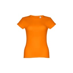 An orange women's fitted short sleeve cotton T-shirt. It features a basic crew neck design and has a logo.