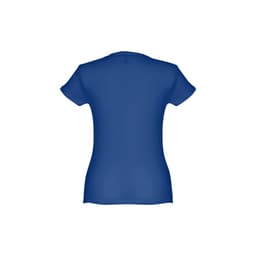 A women's fitted short sleeve cotton T-shirt in blue, featuring a simple back design and a logo.