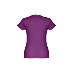 A fitted women's short sleeve cotton T-shirt in vibrant purple with a smooth back design and a logo.