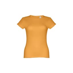 A women's fitted short sleeve cotton T-shirt in bright yellow with a branding logo.