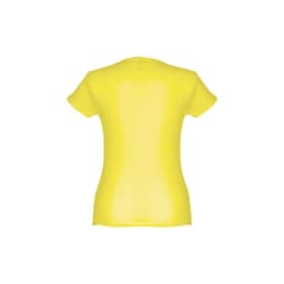 A fitted short sleeve cotton T-shirt in bright yellow, featuring a smooth back design and a logo.