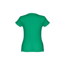 A women's fitted short sleeve cotton T-shirt in vibrant green, featuring a seamless back design and a logo.